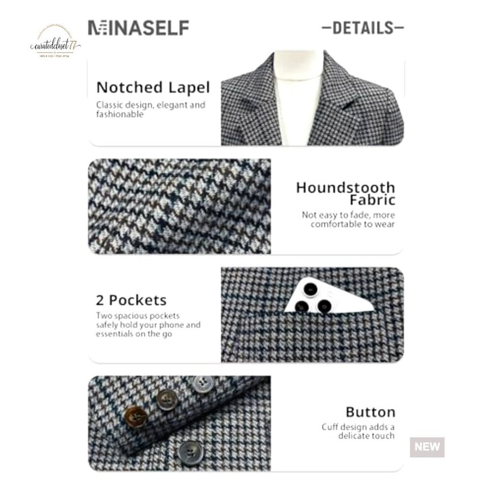 Slim Fit Tweed Blazer Houndstooth Plaid Lined Work Casual Office Jacket - Picture 6 of 7